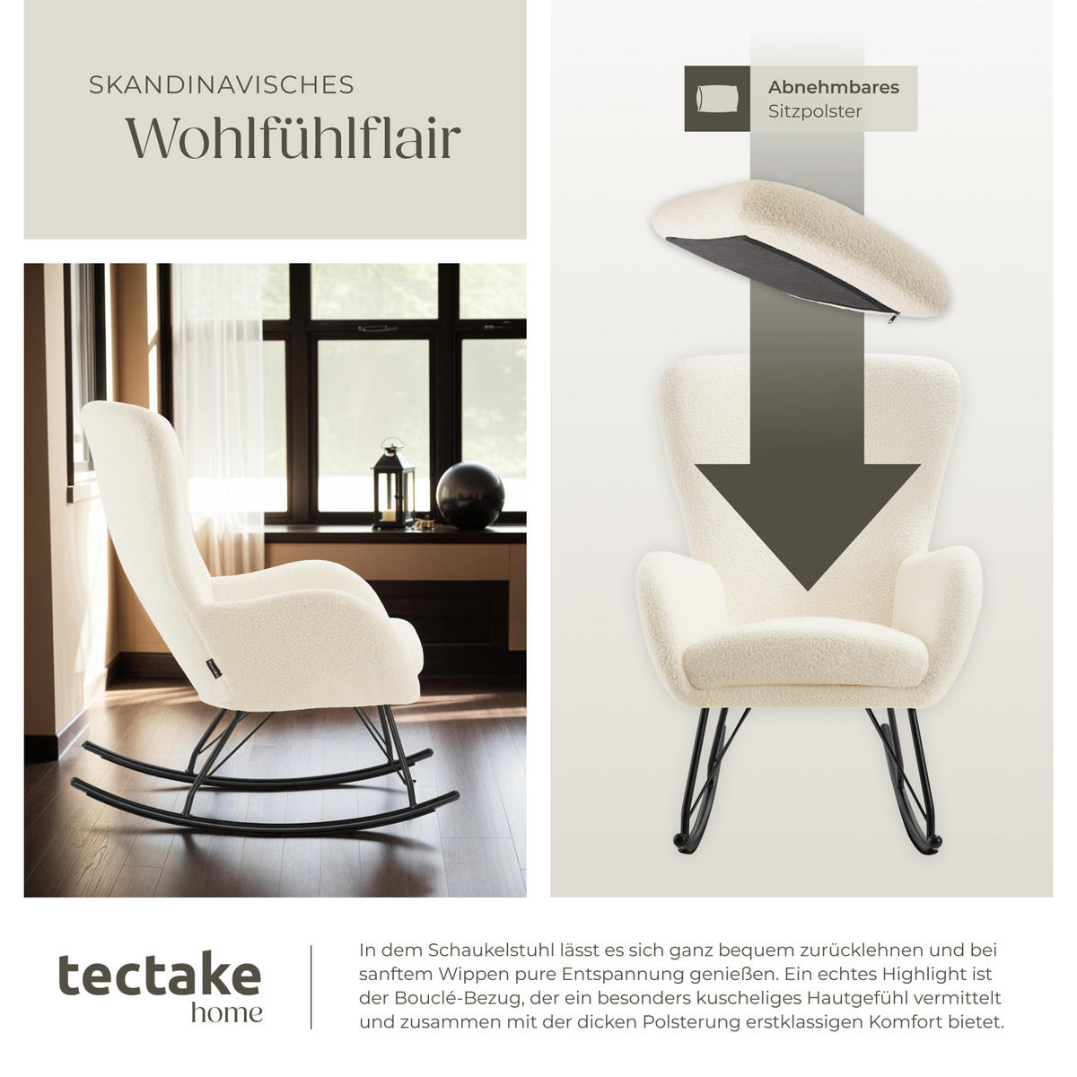 SCHAUKELSTUHL Swing,70 x 93 x 100 cm, Belastbarkeit 120 kg,creme/schwarz - Creme/Schwarz, Kunststoff (70/100/93cm) - tectake