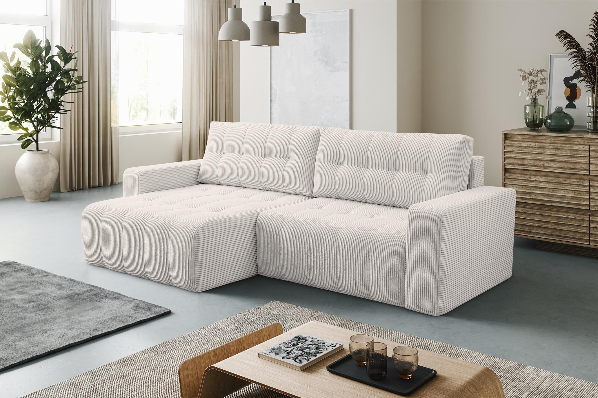 ECKSOFA Masina Weiß, Schlafsofa aus Cordstoff - Weiß, Holzwerkstoff (245/143cm) - Bettso