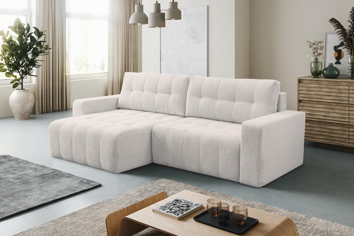 ECKSOFA Masina Weiß, Schlafsofa aus Cordstoff - Weiß, Holzwerkstoff (245/143cm) - Bettso
