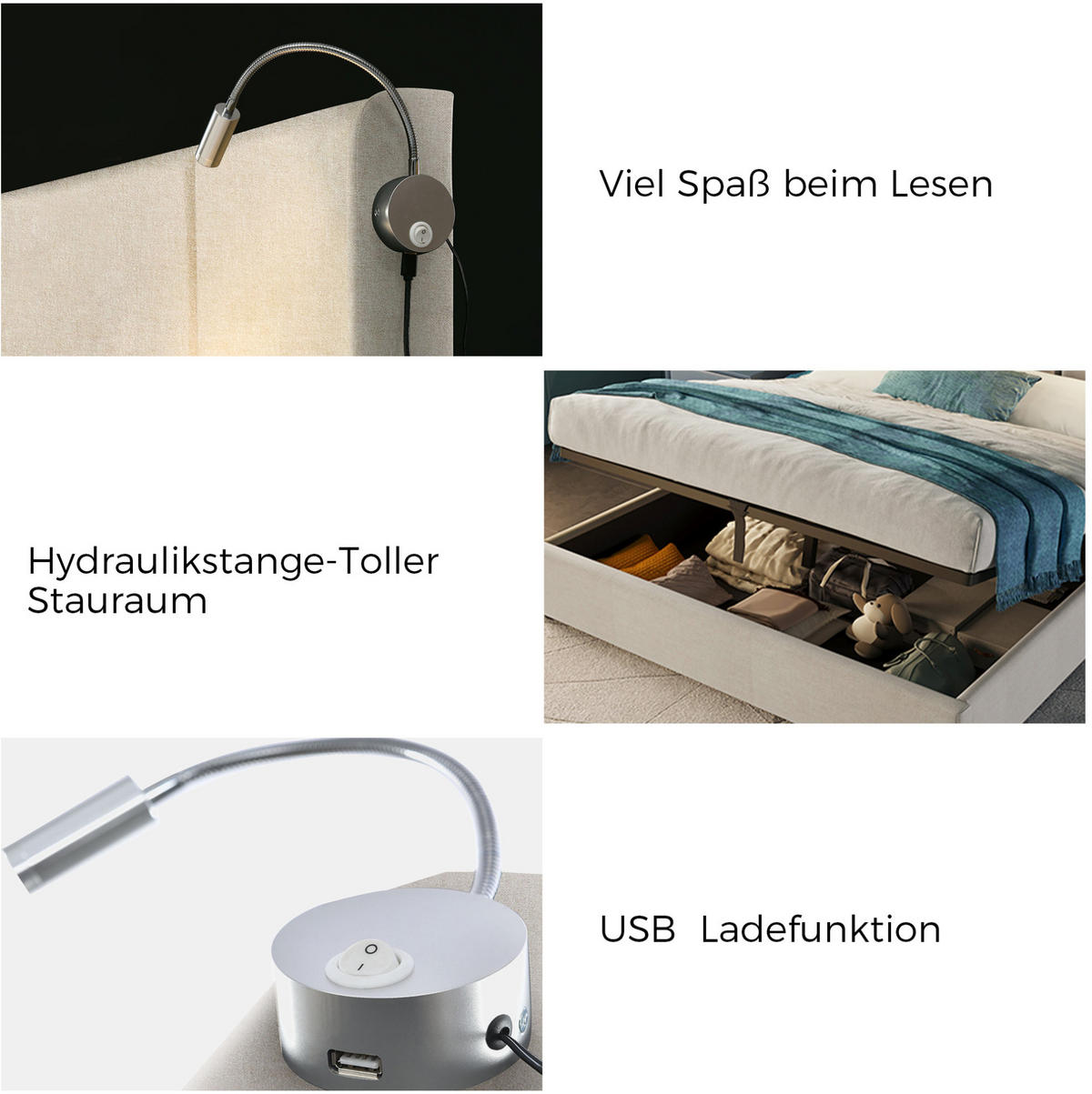 POLSTERBETT mit Bettkasten 160/200 cm mit Leselicht & USB, Beige - Beige, Textil (160/200cm) - BEAOK