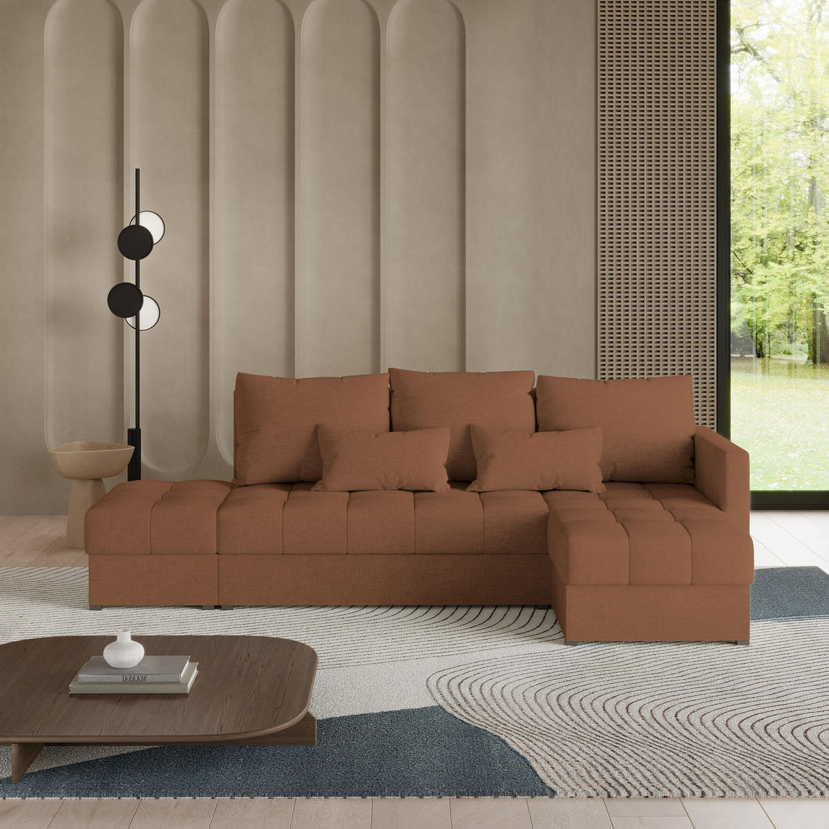 ECKSOFA LUMARI R-S Kupferfarben Plüsch-Stoff mit Schlaffunktion - Kupferfarben, Holz (262/143cm) - MASSENO