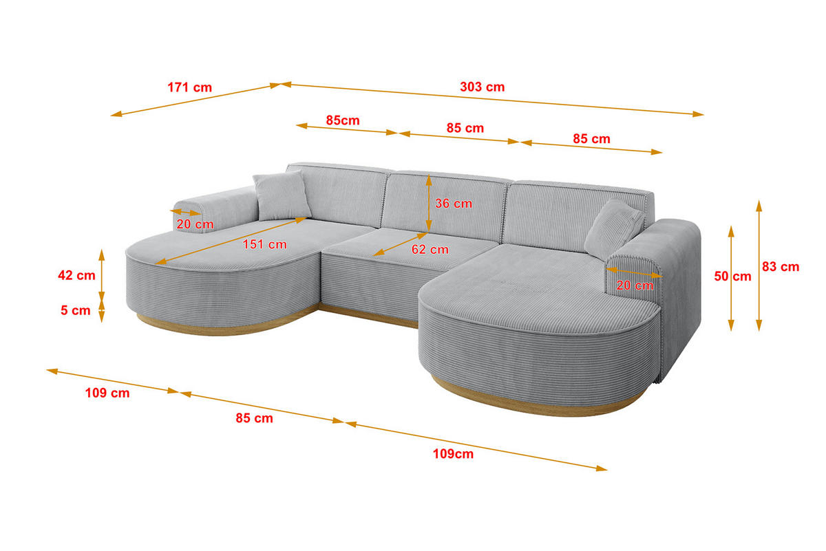 WOHNLANDSCHAFT MARI-U1-v2 - 303x171x83 cm Grau Cord - Grau, Holzwerkstoff/Textil (303/83/171cm) - ALTDECOR