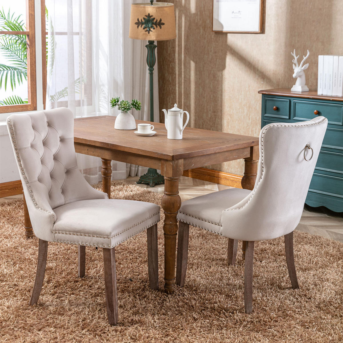 STUHL-SET DE-36286 2 Stück mit Ziernieten Beige - Beige, Holz (50/95/65cm) - ComfortXL