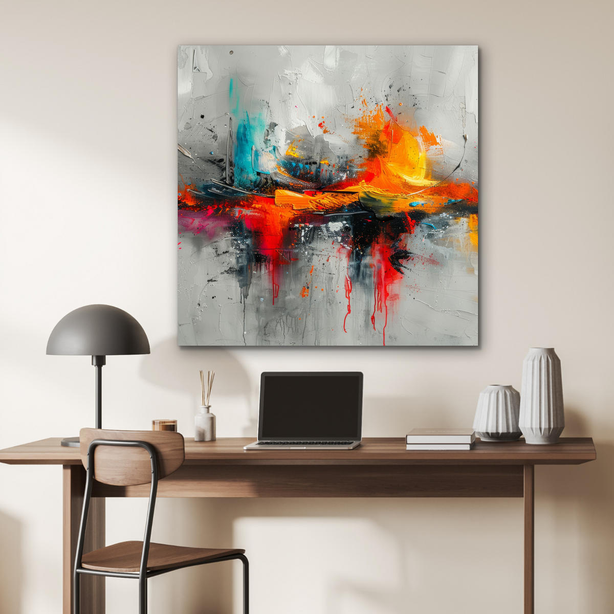 KOVOVÝ OBRAZ Moderné umenie - Oranžová - Sivá - Abstraktné 90x90 cm - svetlosivá, kov (90/90cm) - MuchoWow