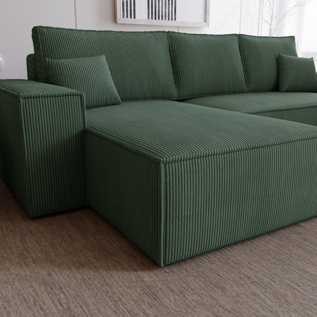 ECKSOFA Bergamo L mit Cordstoff, 280 cm, Schlaffunktion, Links - Grün - Grün, Holz (277/189cm) - Emporius