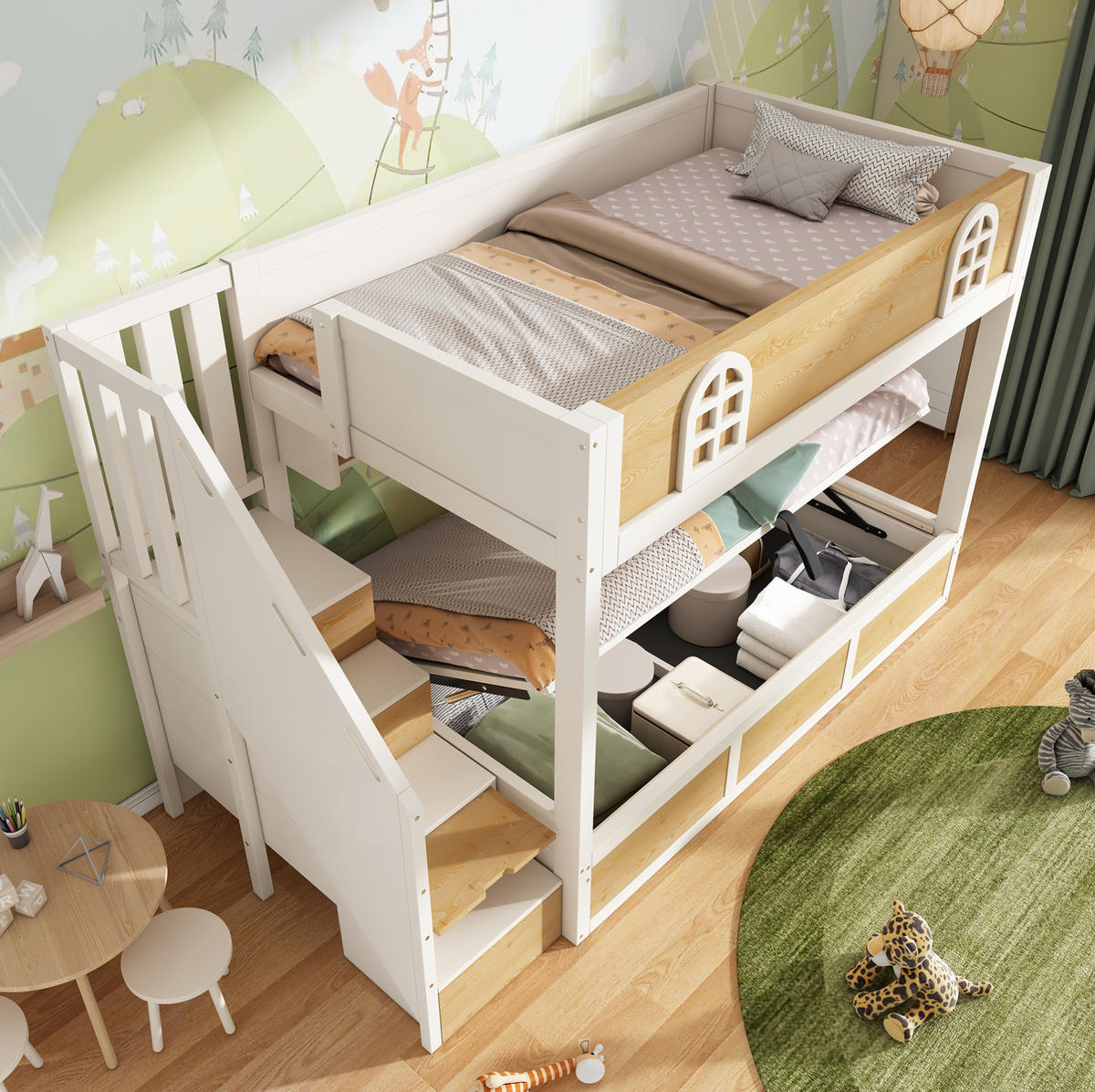 ETAGENBETT 90/200 cm aus Holz und Metall mit Treppenschrank und Stauraum Weiß/Natur - Naturfarben, Holz (90/200cm) - Modenvie