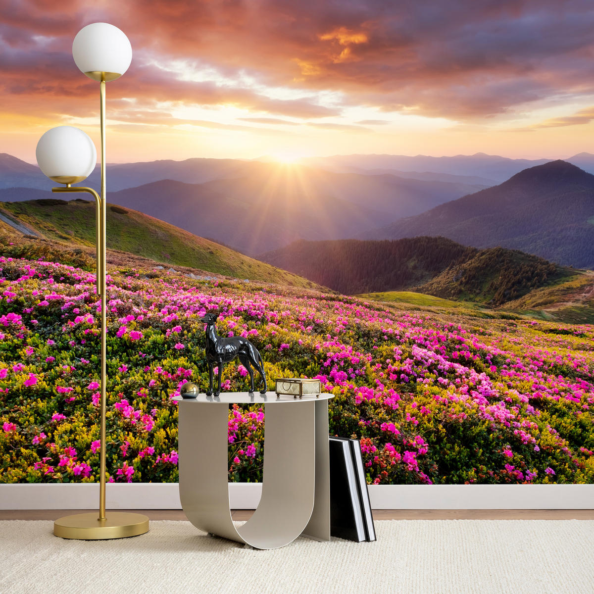 FOTOTAPETE für Wohnzimmer Sonnenuntergang Berge Wiese Blumen 450x315 - Violett/Rosa, Papier (450/315cm) - Muralo