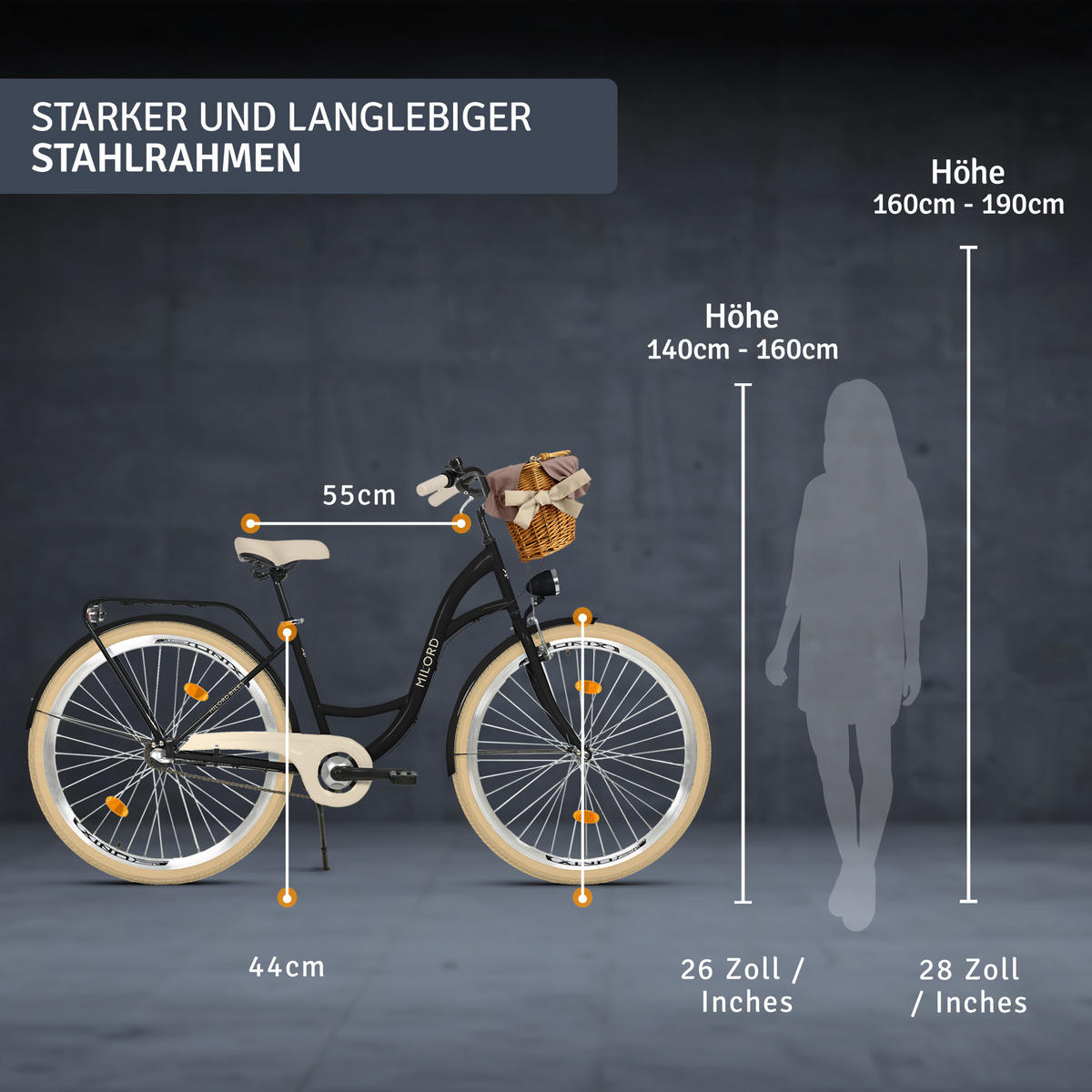 CITY-FAHRRAD Milord mit Weidenkorb, 28 Zoll, Schwarz-Creme, 3-Gang - Creme/Schwarz, Metall (46cm) - Milordbikes