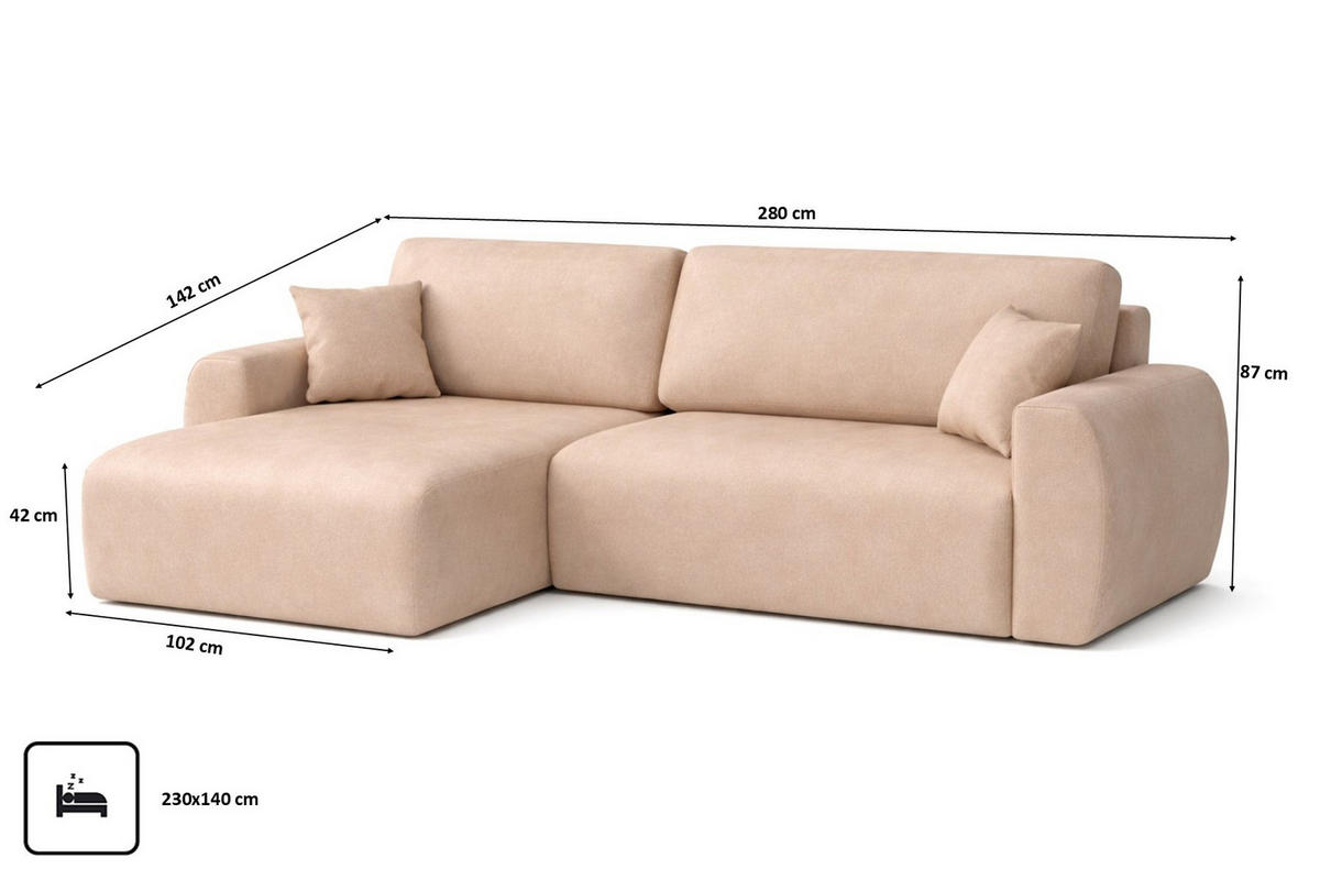 ECKSOFA Mit Schlaffunktion, Ariel XL, Velours, Stoff Salvador, Beige, Links - Beige, Holz (280/142cm) - Kaiser Möbel