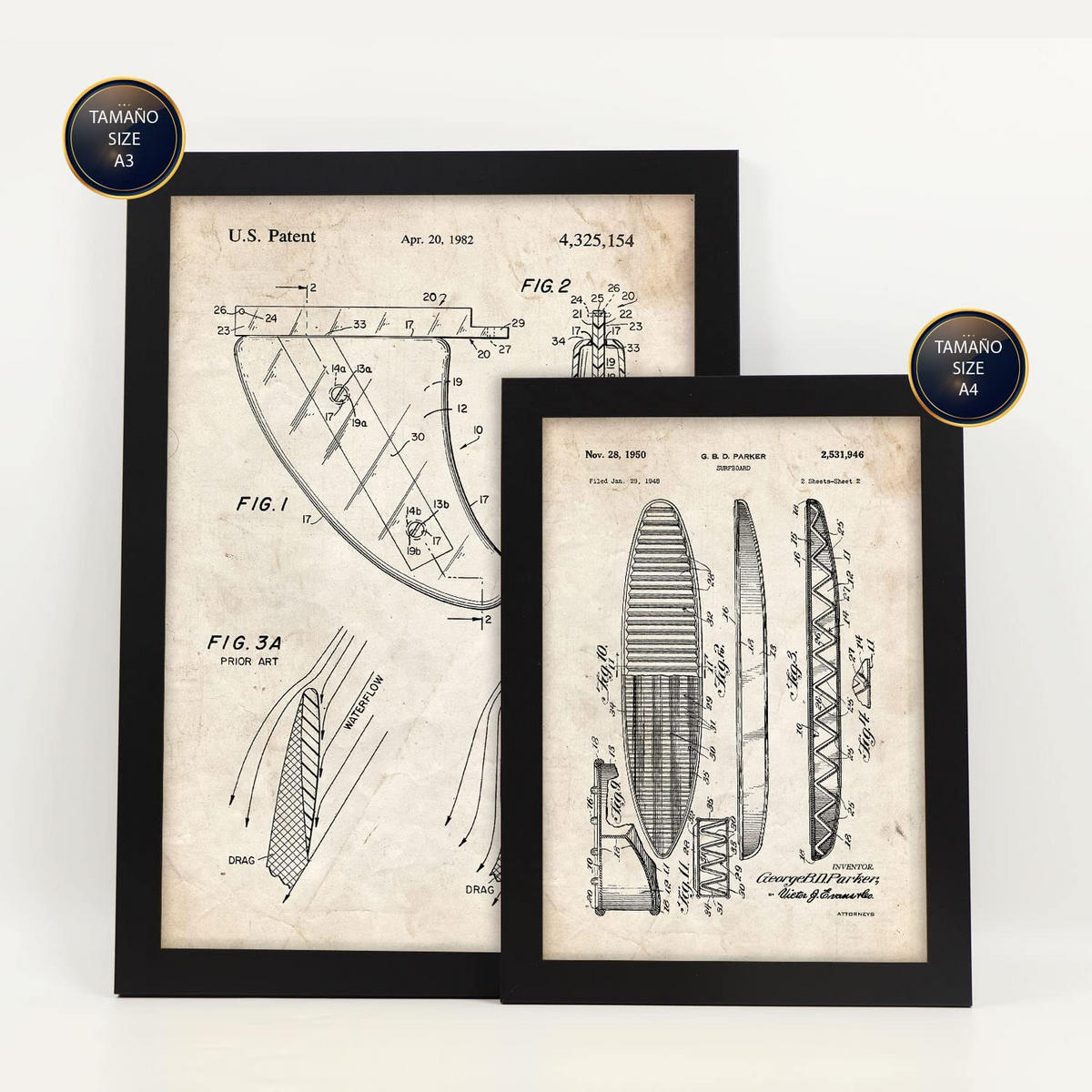 POSTER Set Mit 6 Plakaten Mit Surfen Patenten Im Vintage Stil A3 & A4 Schwarzer Rahmen - Schwarz, Papier (29/3cm) - Nacnic