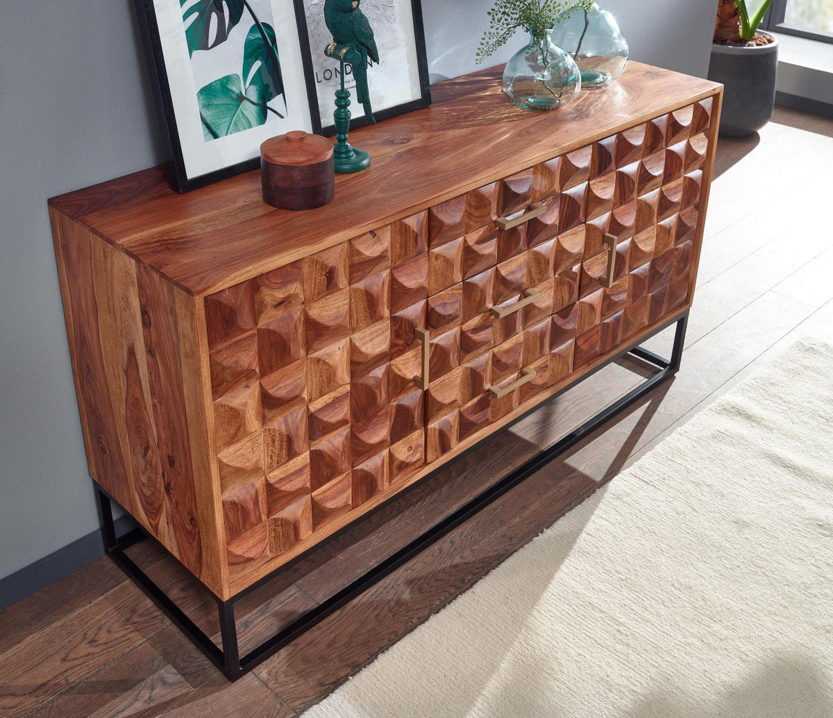SIDEBOARD – Massivholz, 145x81x45 cm, Industrial-Stil, Metallgestell - Schwarz/Braun, Holz/Metall (145/81/45cm) - KADIMA DESIGN