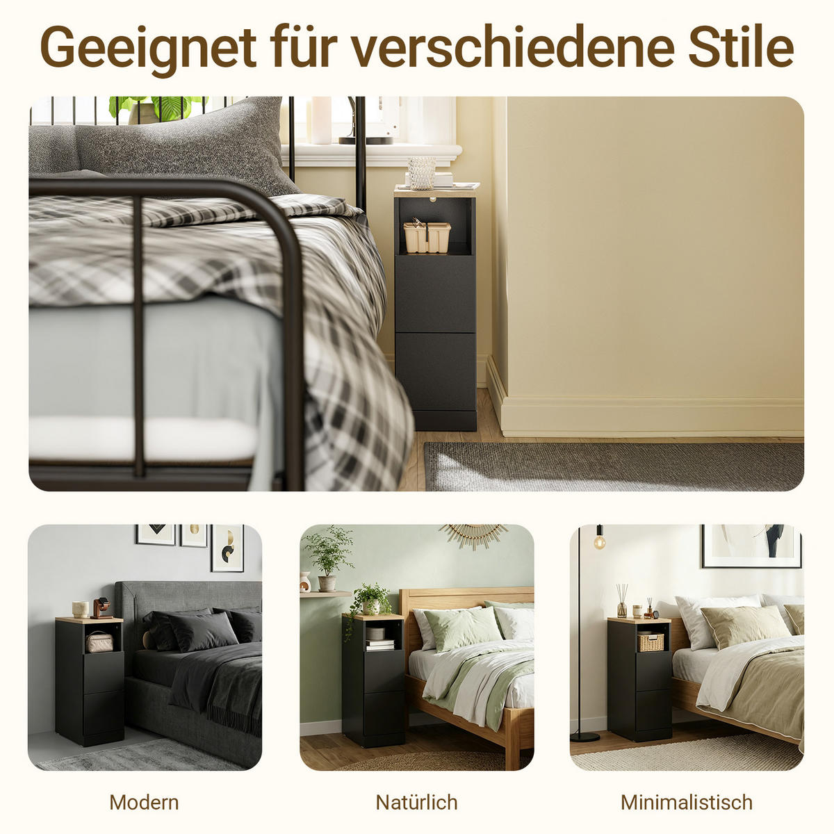 NACHTTISCH schmal mit 2 Schubladen, 20x35x60cm Schwarz - Schwarz, Holzwerkstoff (20/60/35cm) - SoBuy