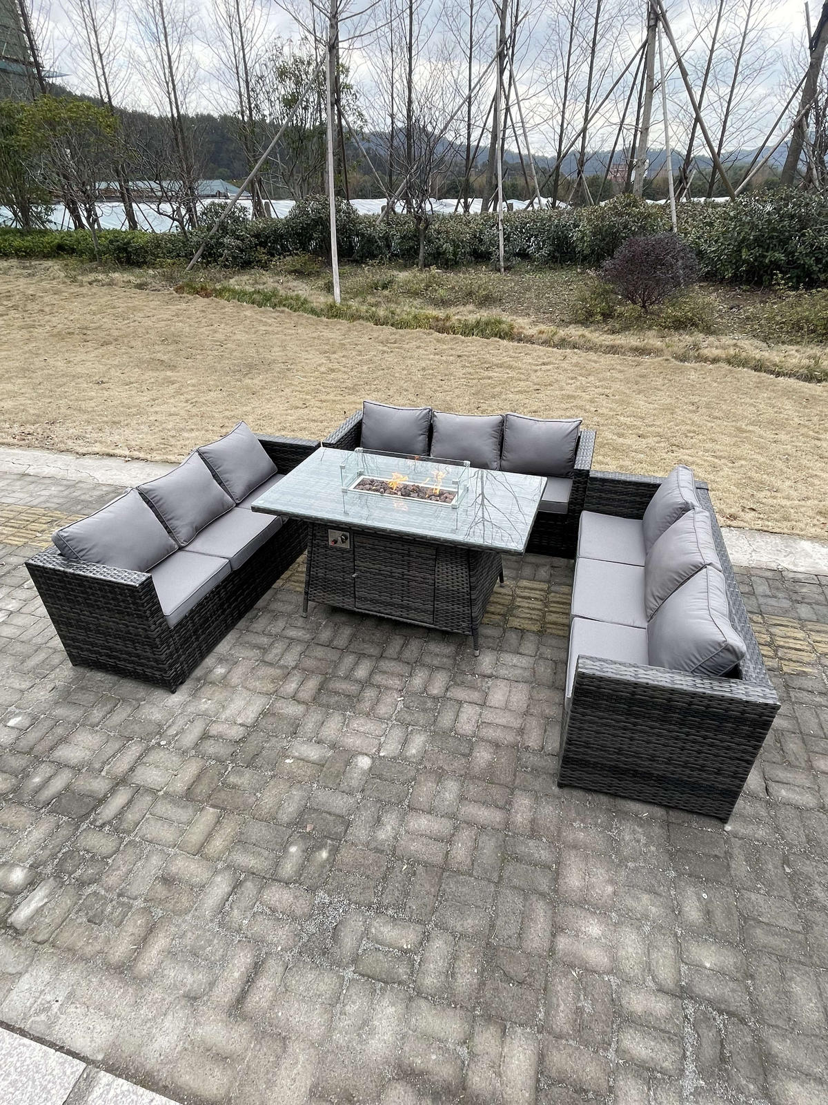 GARTENMÖBEL SET Polyrattan 4-Sitzer - Dunkelgrau/Grau, Glas/Kunststoff - Fimous