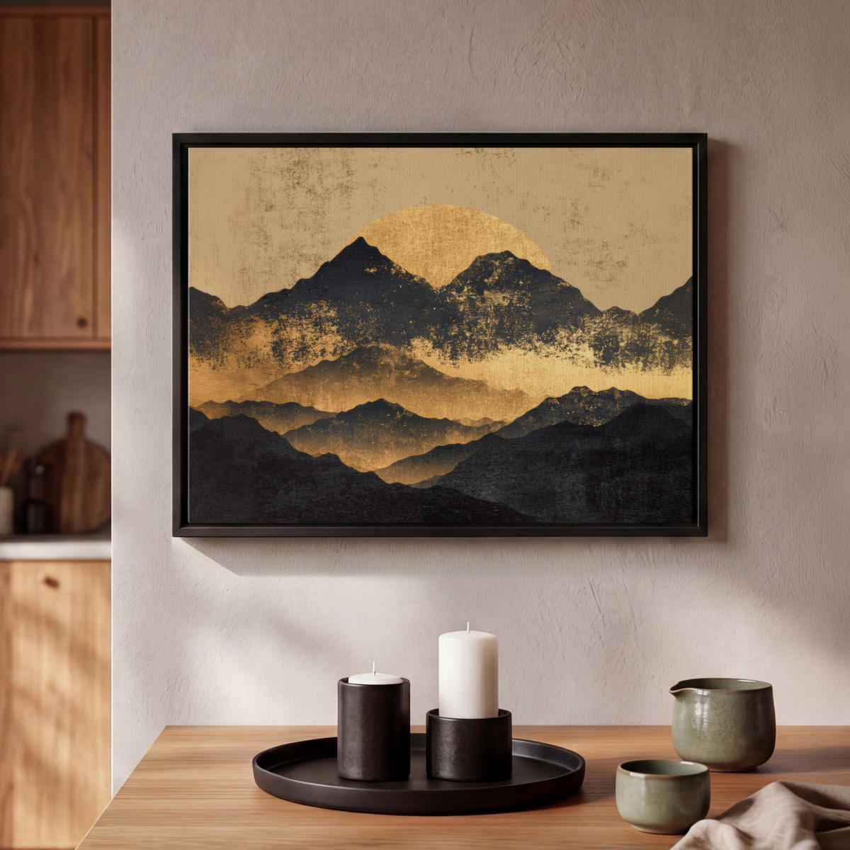 LEINWAND Bilder mit Rahmen - Goldene Berge bei Mondschein - 40x30 - Goldfarben, Textil (40/30cm) - MuchoWow