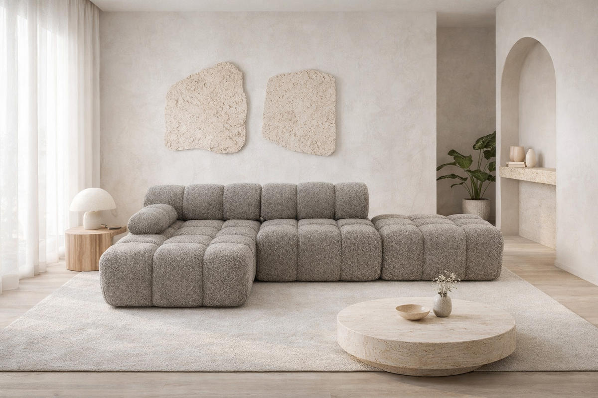 ECKSOFA L-Form Modular Mit Hocker, Bouclé-Stoff Abriamo, Braun, Links, Selia - Braun, Holz (285/160cm) - Kaiser Möbel
