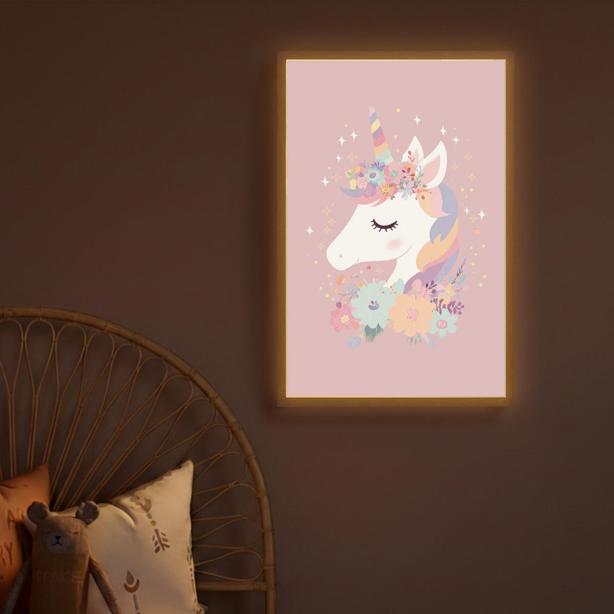 DOBÍJECÍ NOČNÍ LAMPIČKA Jednorožec - růžová - květiny 40x60 cm - růžová, kompozitní dřevo (8/40/60cm) - OnlyWow