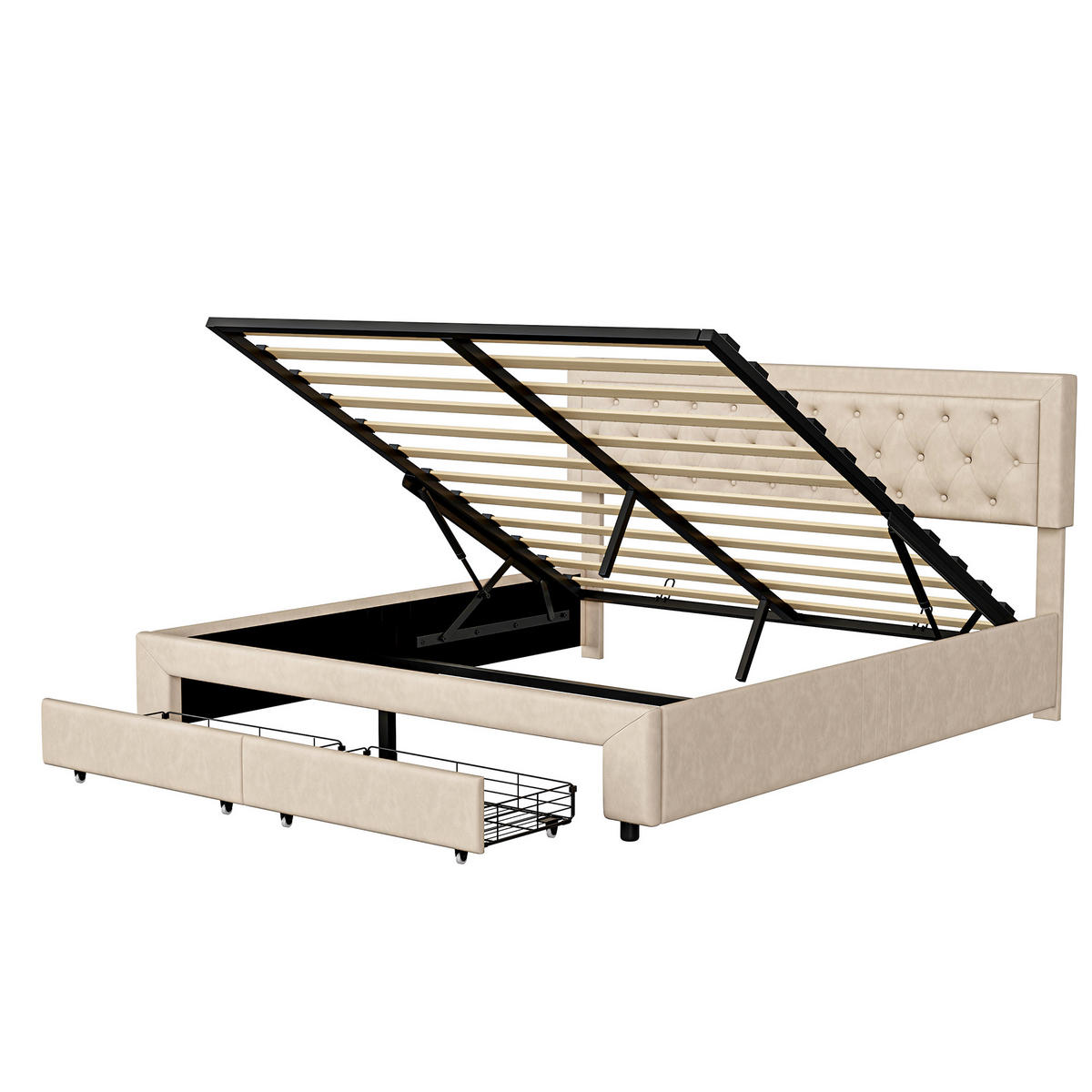 DOPPELBETT 160x200 cm Beige Samt, Hydraulischer Bettkasten und 2 Schubladen, Diamant-Knopfheftung, Tragfähigkeit 300 kg, Skandinavischer Stil - Beige, Metall (160/200cm) - GENKI LIVING
