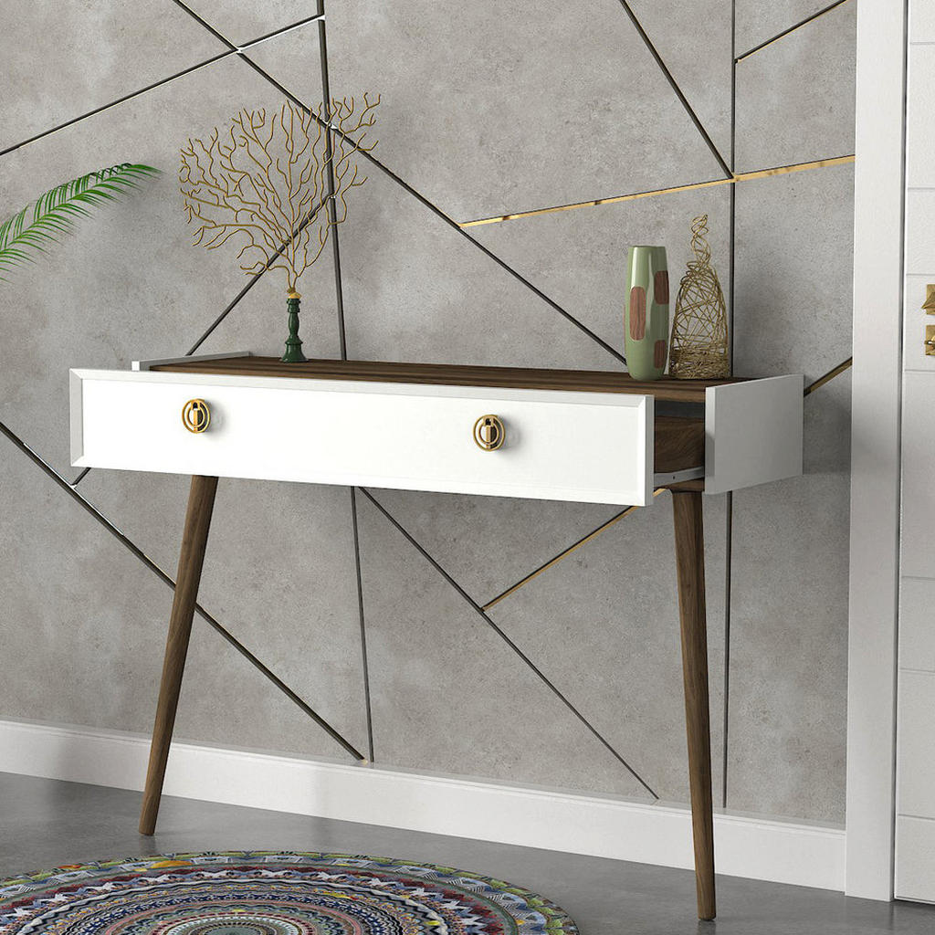 Thumbnail - moebel17 Konsolentisch, Weiß, Walnuss, Holzwerkstoff, Holz Optik, 1 Schubladen, Rechteckig, 120x90x35 cm, Wohnzimmer, Wo...