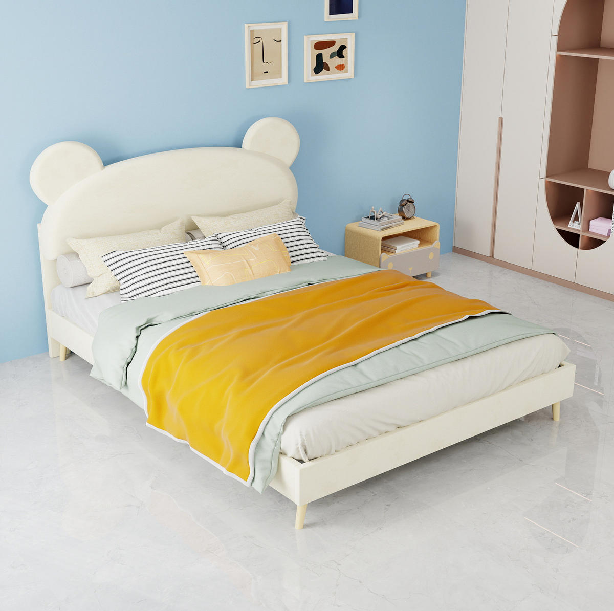KINDERBETT aus Stoff und Metall 140x200 cm Beige mit Bärenohren-Kopfteil und Taschenfederkernmatratze - Beige, Textil (140/200cm) - IVMEU