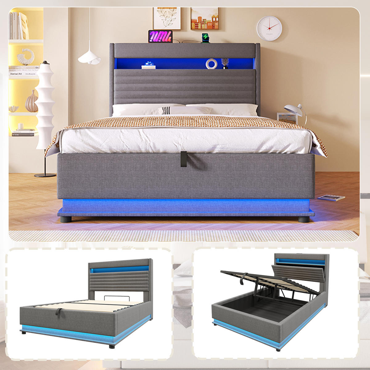 POLSTERBETT 140/200 cm in Grau Leinen mit LED, USB und Stauraum - Grau, Holzwerkstoff/Textil (140/200cm) - WISHDOR