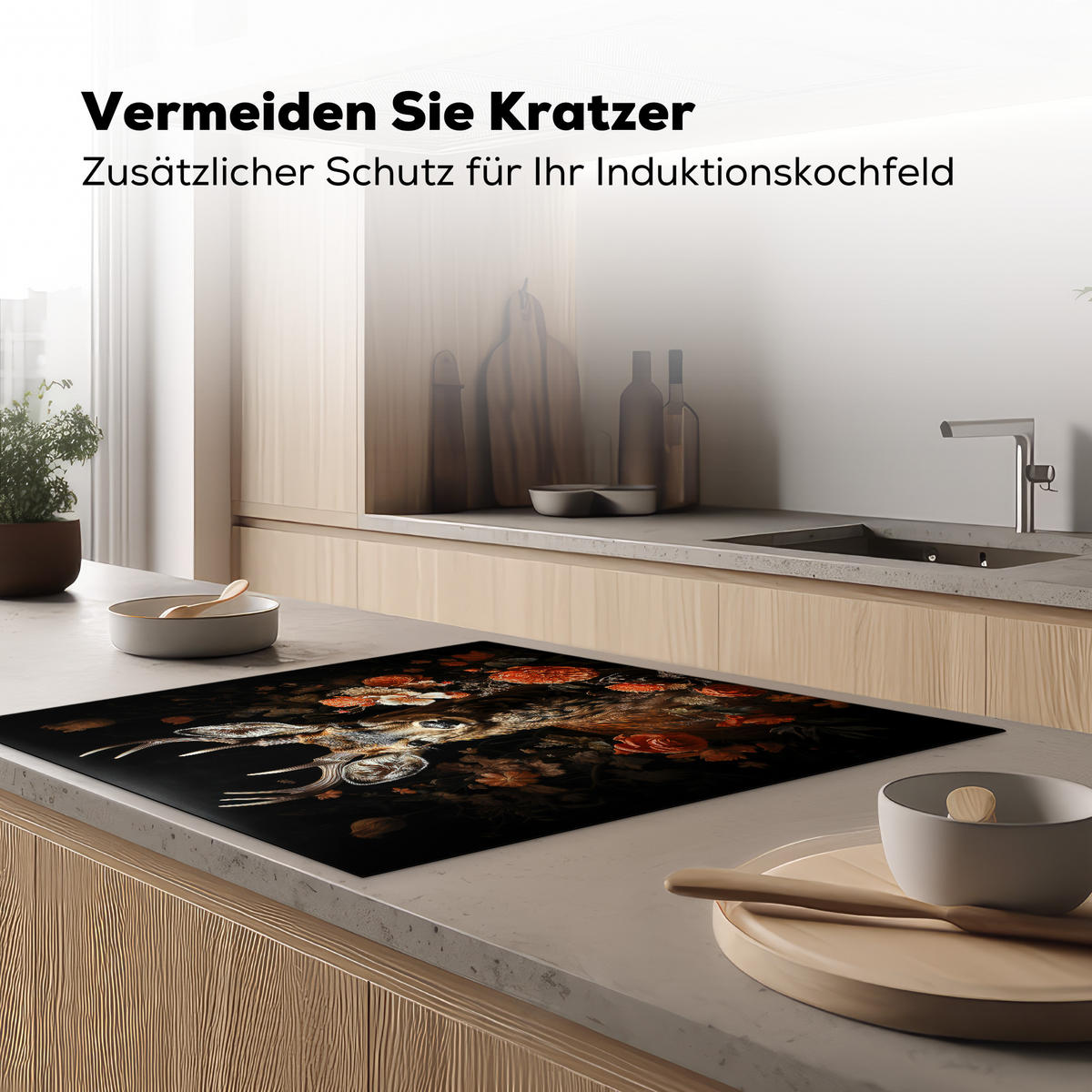 HERDABDECKPLATTE Hirsch - Tier - Blumen - Natur - Botanisch Induktionsmatte 78x78 cm - Kupferfarben, Kunststoff (78/78/0.2cm) - MuchoWow