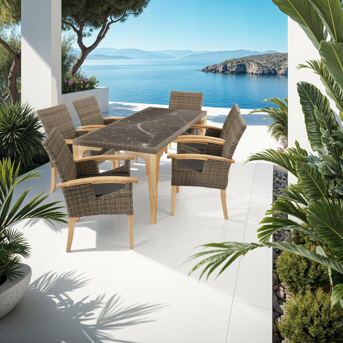 GARTENTISCH FOGGIA MIT 6 STüHLEN ROSARNO ,Armlehnen und Beine aus Holz,natur - Naturfarben, Kunststoff - tectake