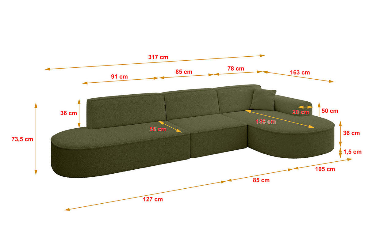 ECKSOFA Ottomane Rechts MARI-L2 - 317x163x73,5 cm Grün Bouclé - Schwarz/Grün, Holzwerkstoff/Kunststoff (317/163cm) - ALTDECOR
