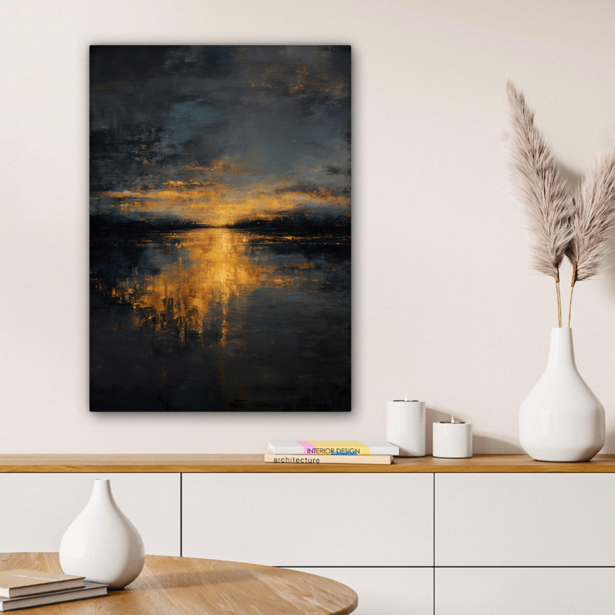 LEINWANDBILD Goldene Reflexion auf dem Wasser Wandbild Wohnzimmer 60x80 cm - Anthrazit, Textil (60/80cm) - MuchoWow