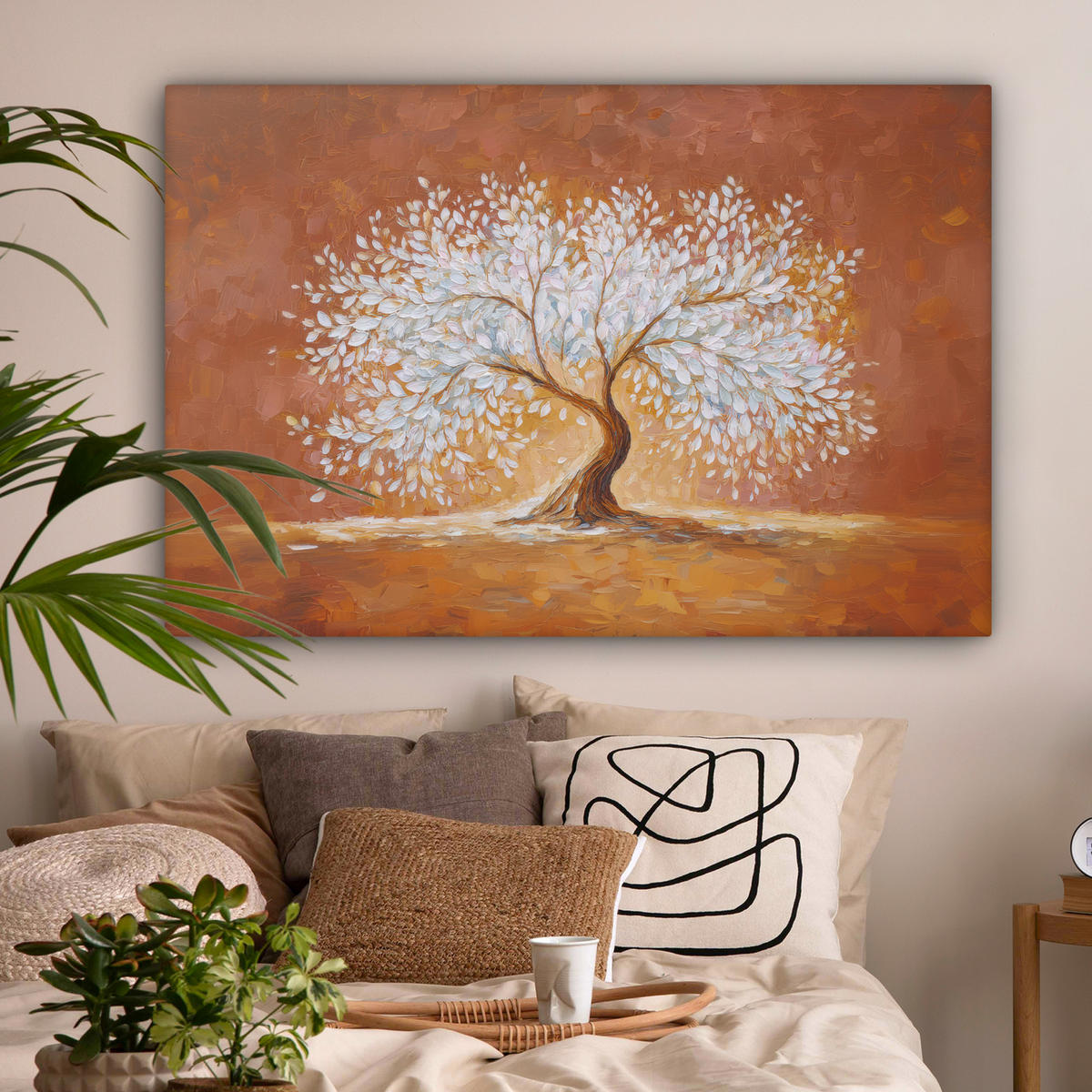 LEINWANDBILD Abstrakt - Baum - Weiß - Blätter XXL 150x100 cm - Braun, Textil (150/100cm) - MuchoWow