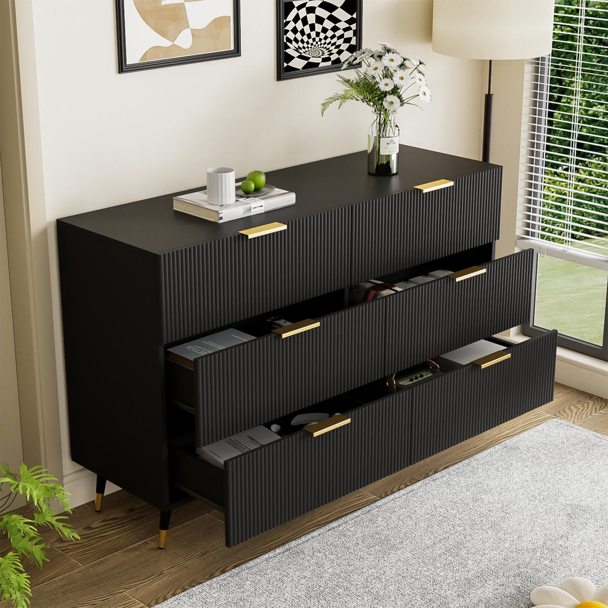 SIDEBOARD Schwarz, 6 Schubladen, Holz, für Wohnraum - Schwarz, Holz (120/77/40cm)