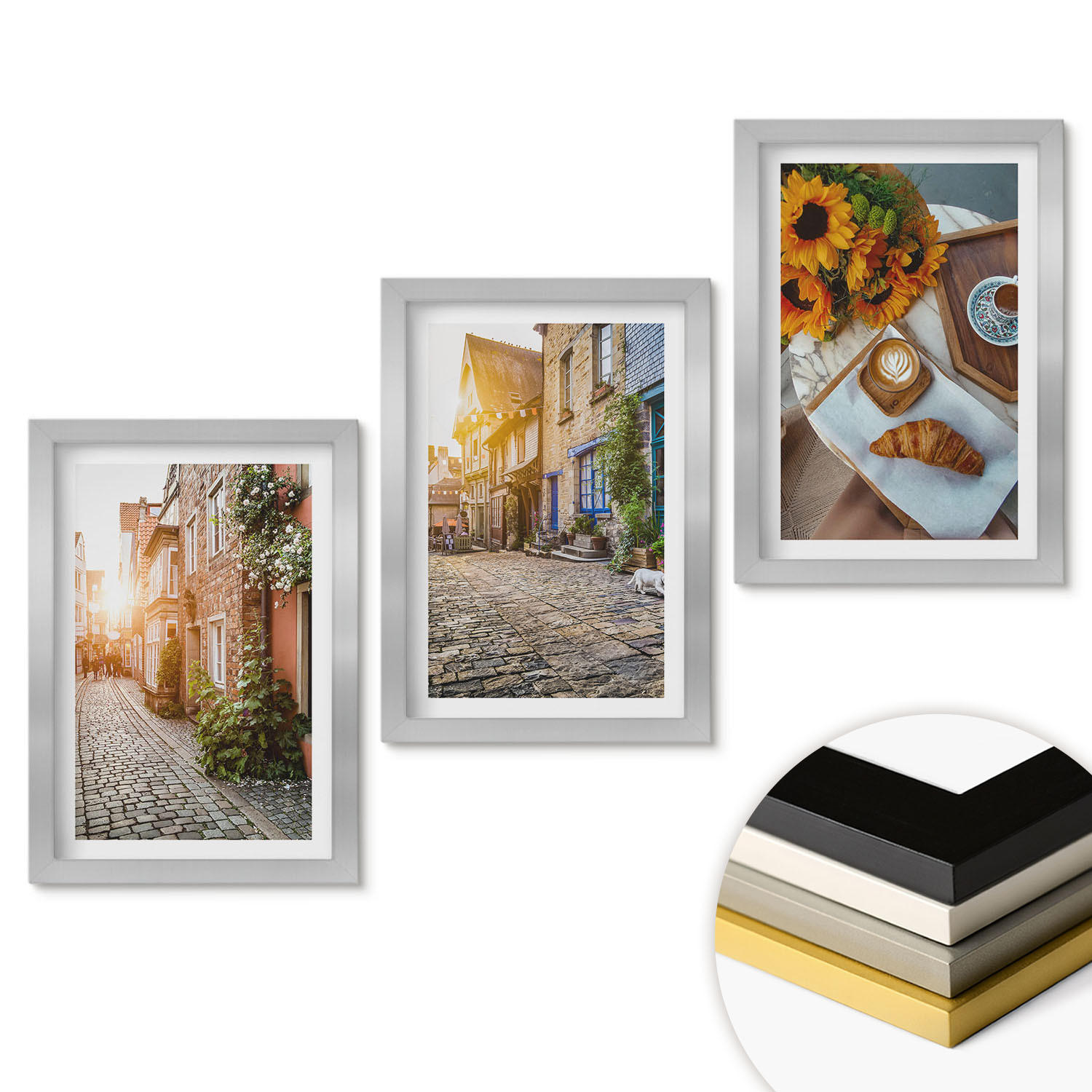 WANDBILDER 3er Set - 20x30 cm Silberner Rahmen - Straßenkaffee Sonnenblumen - Silberfarben, Kunststoff (20/30cm) - ArtPrintCave