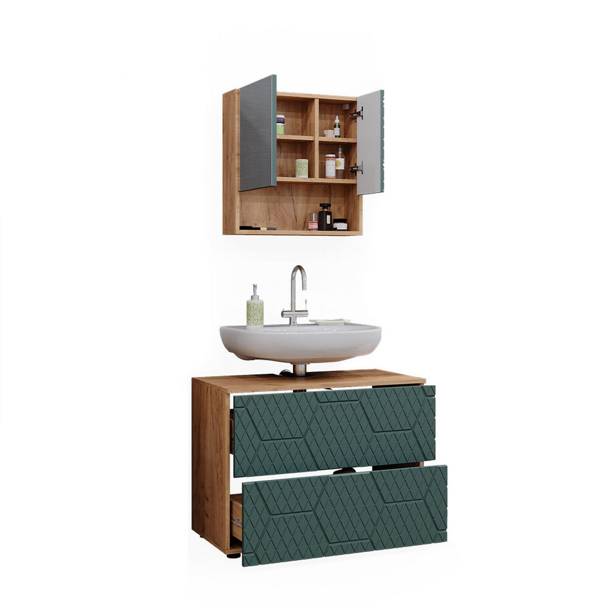 BADMÖBEL-SET Irma Grün 2 Teile - Honigeiche/Grün, Holzwerkstoff (80/58.6/41cm) - Vicco