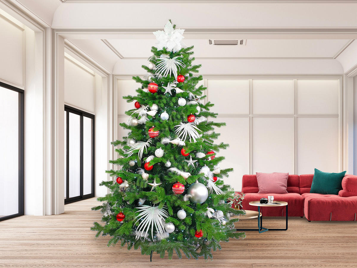 LAALU WEIHNACHTSBAUM geschmückt künstlich mit 213 Ornamenten POLAR RED II 500 cm Baum mit Ständer und Weihnachtsornamenten - Rot/Silberfarben, Kunststoff (500cm) - LAALU