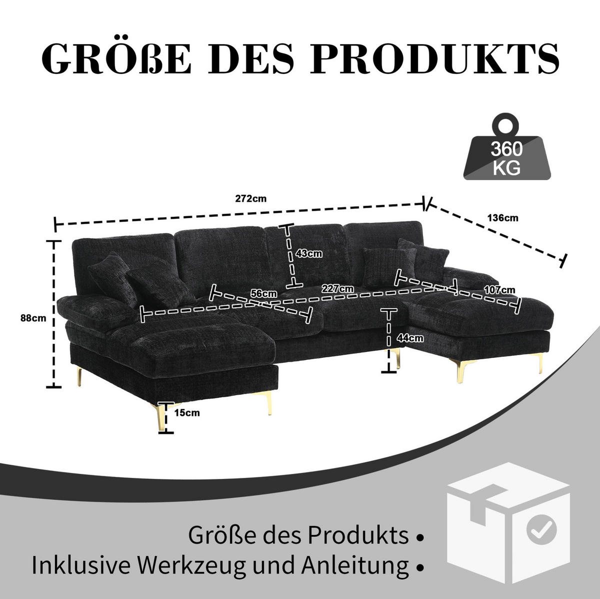 SOFA U-Form mit 2 Liegeflächen 272 x 136 cm Chenille Schwarz - Schwarz, Textil (136/88/272cm) - Meubliv
