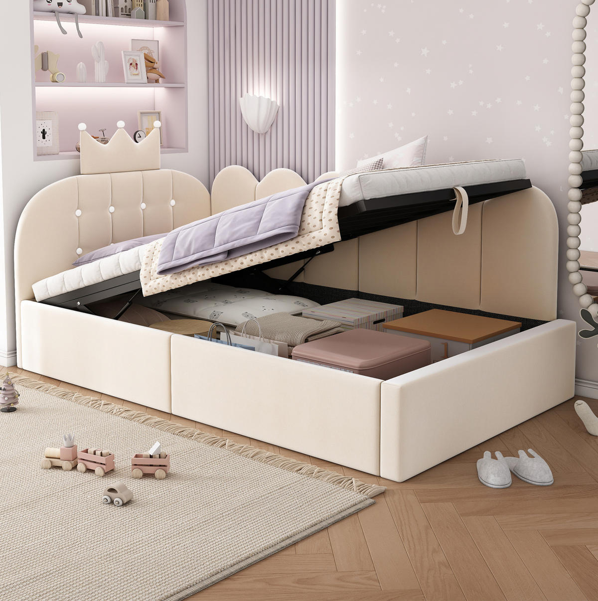 POLSTERBETT 90/200 cm Beige aus Samt mit Stauraum - Beige, Textil (90/200cm) - OKWISH