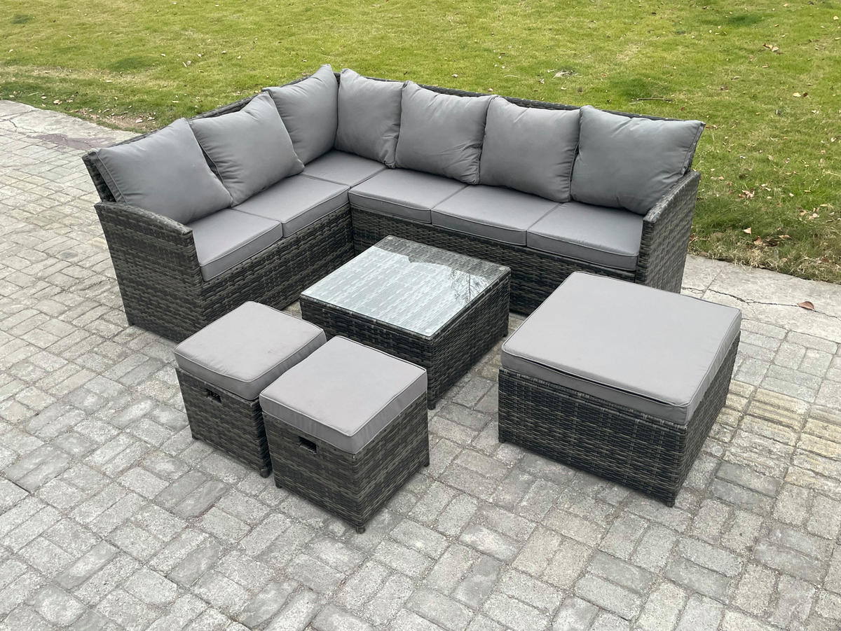 GARTENGARNITUR mit Ecksof,Couchtisch,Stuhl Polyrattan Dunkelgrau 9-Sitzer - Dunkelgrau/Grau, Glas/Kunststoff - Fimous