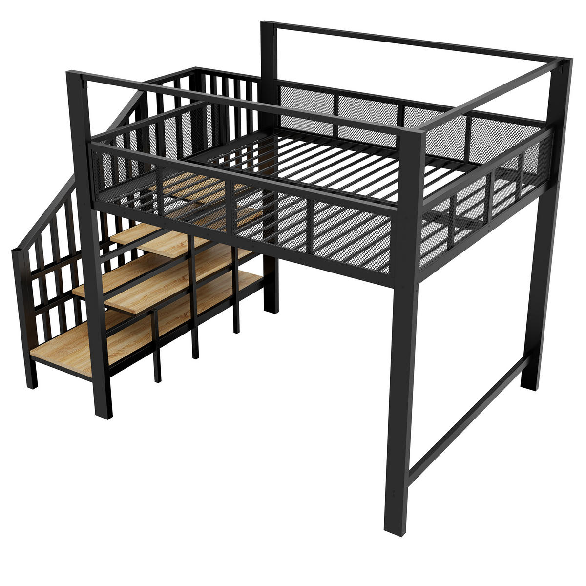 HOCHBETT Schwarz 140×200cm mit Baldachin, Stauraumtreppe und freier Arbeitsfläche unter dem Bett - Schwarz, Metall (140/200cm) - Luhomfu