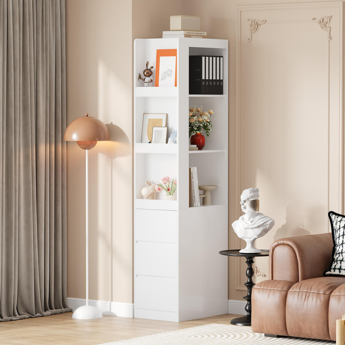 BÜCHERREGAL 60cm 200cm hoch 3 Fächer 3 Schubladen Anti-Kipp - Weiß, Holzwerkstoff (60/200/40cm) - FLIEKS