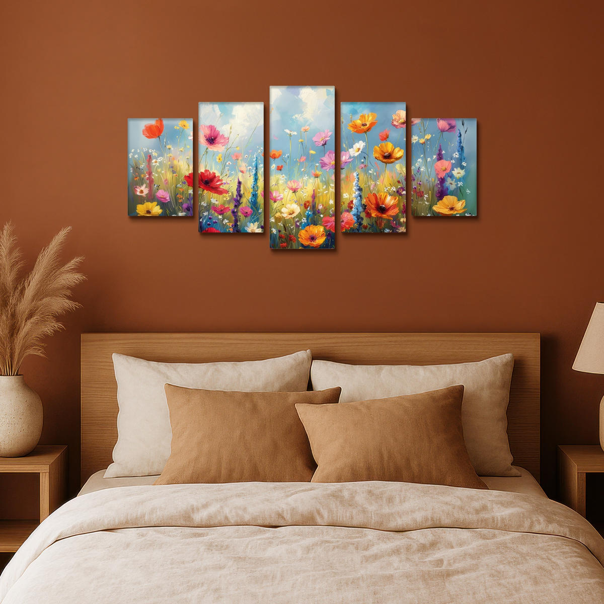 LEINWANDBILD 5er Set Blumen - Frühling - Farbenfroh - Sommerlich 100x50 cm - Orange, Textil (100/50cm) - MuchoWow