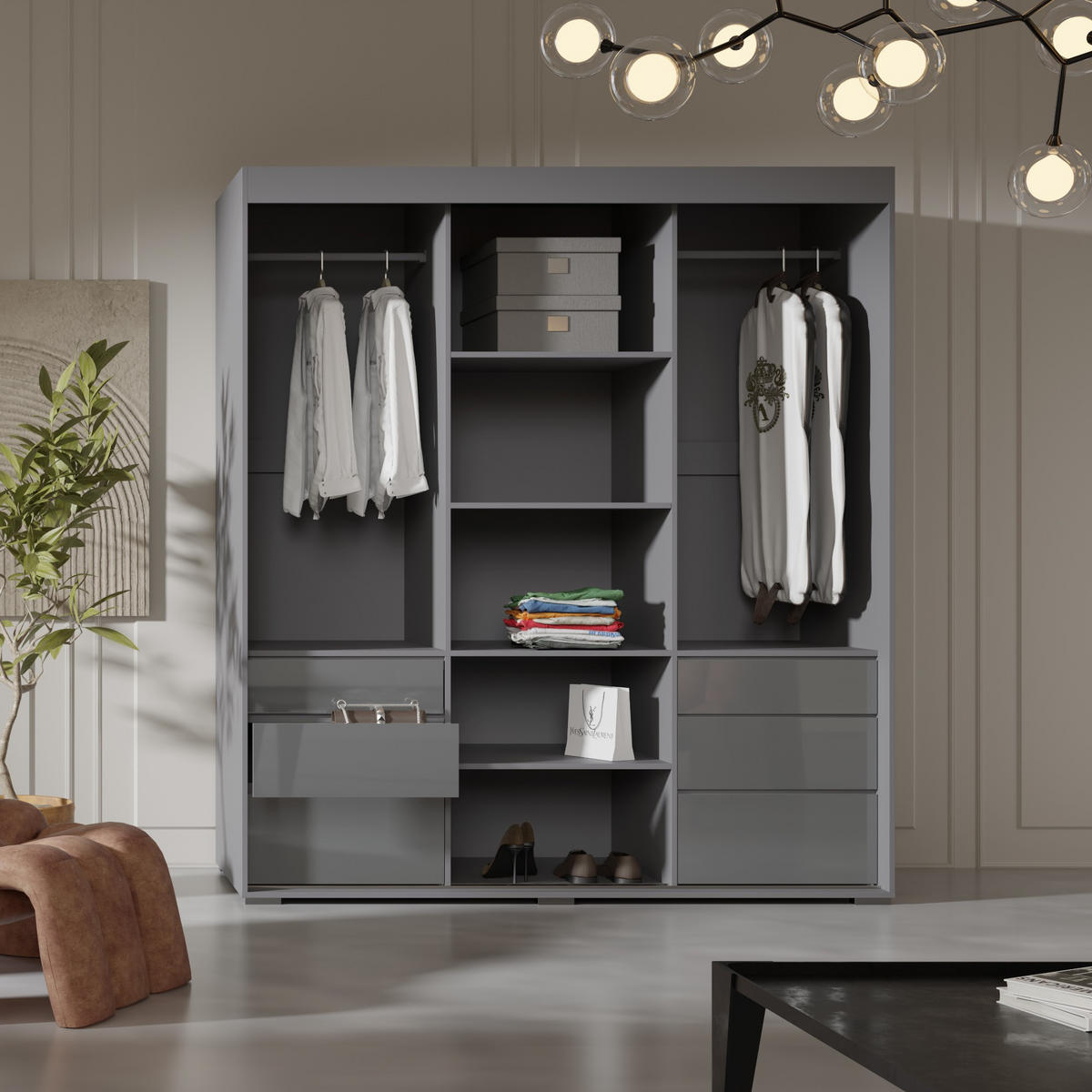 SCHIEBETÜRENSCHRANK mit Schubladen und Spiegel Torino 3D1L 180 Grau (Lacobel) - Silberfarben/Grau, Holzwerkstoff/Metall (180/204/65cm) - mzm24