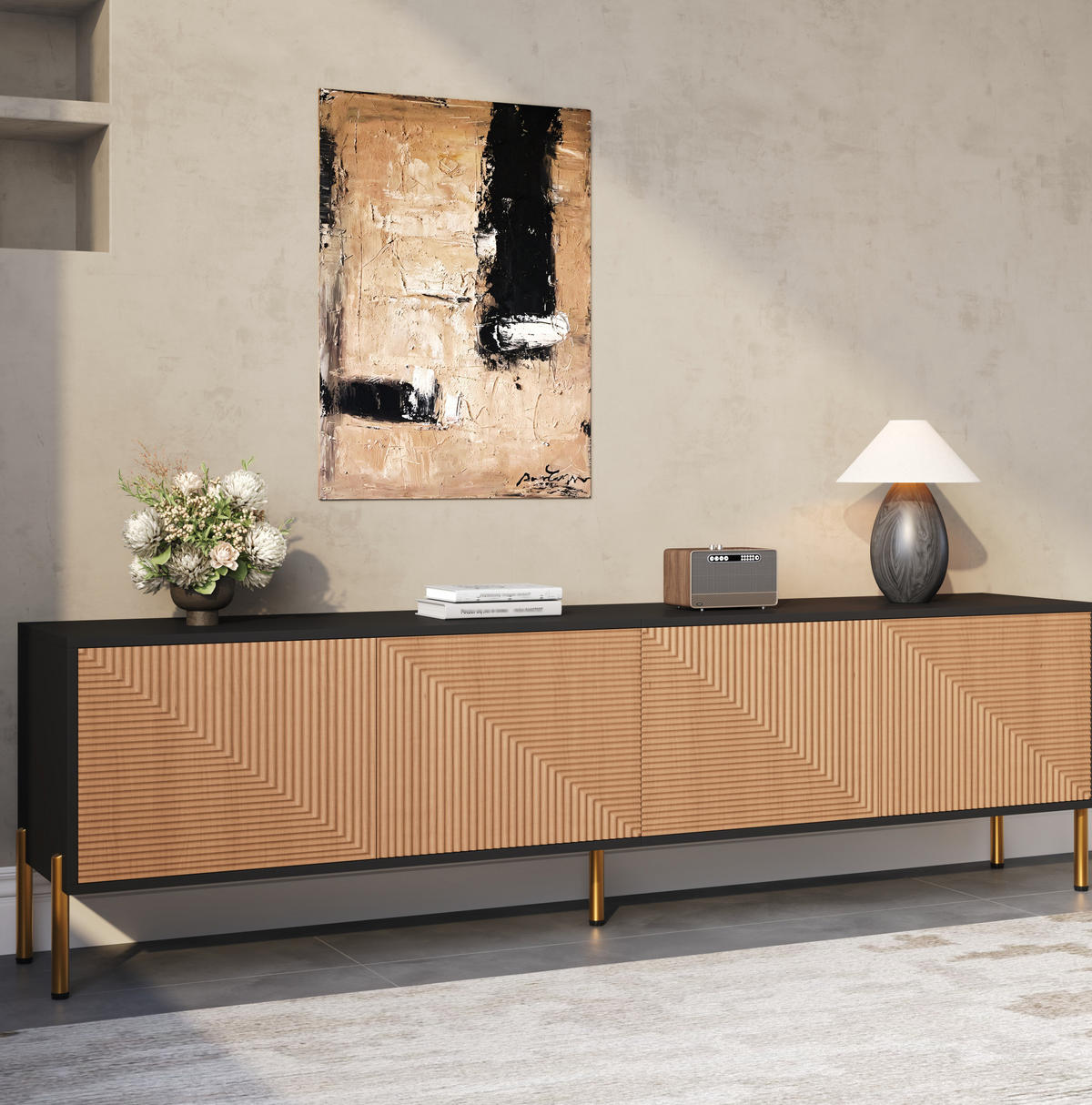 TV-SCHRANK aus Holzwerkstoff 179x35x53,5 cm Schwarz/Natur mit 4 Türen und strukturiertem Frontdesign - Hellbraun, Holzwerkstoff (179/53.5/35cm) - Modfu