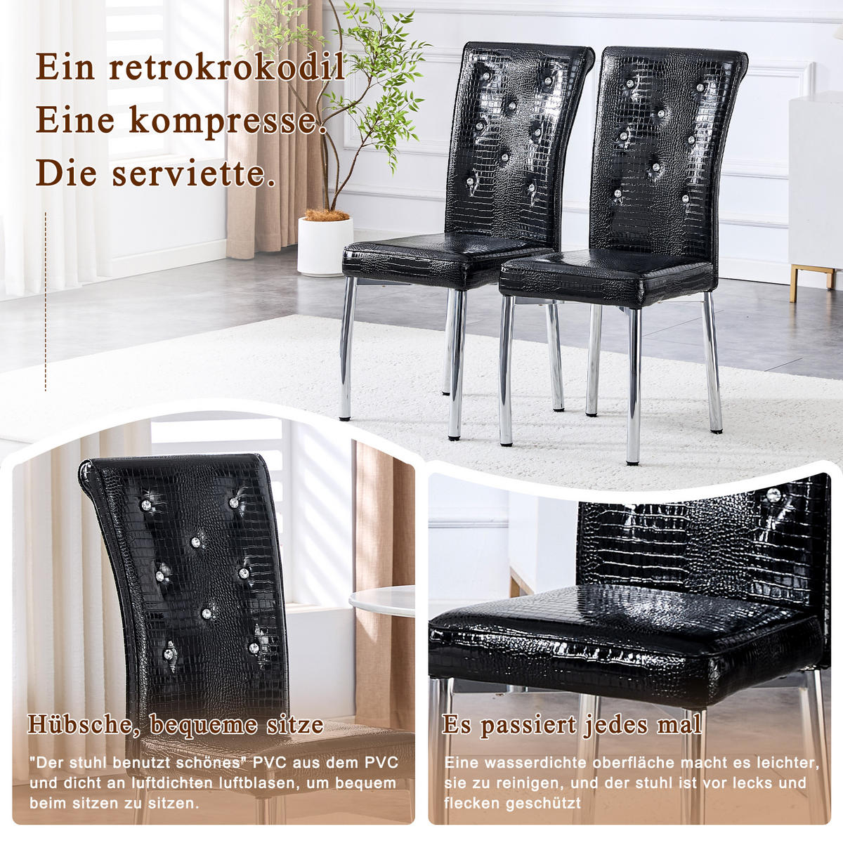 STUHL-SET DE-36775 2 Stück mit Krokodil-Prägung und Kristallknopf-Details Schwarz - Schwarz, Metall (42/101/61.5cm) - ComfortXL