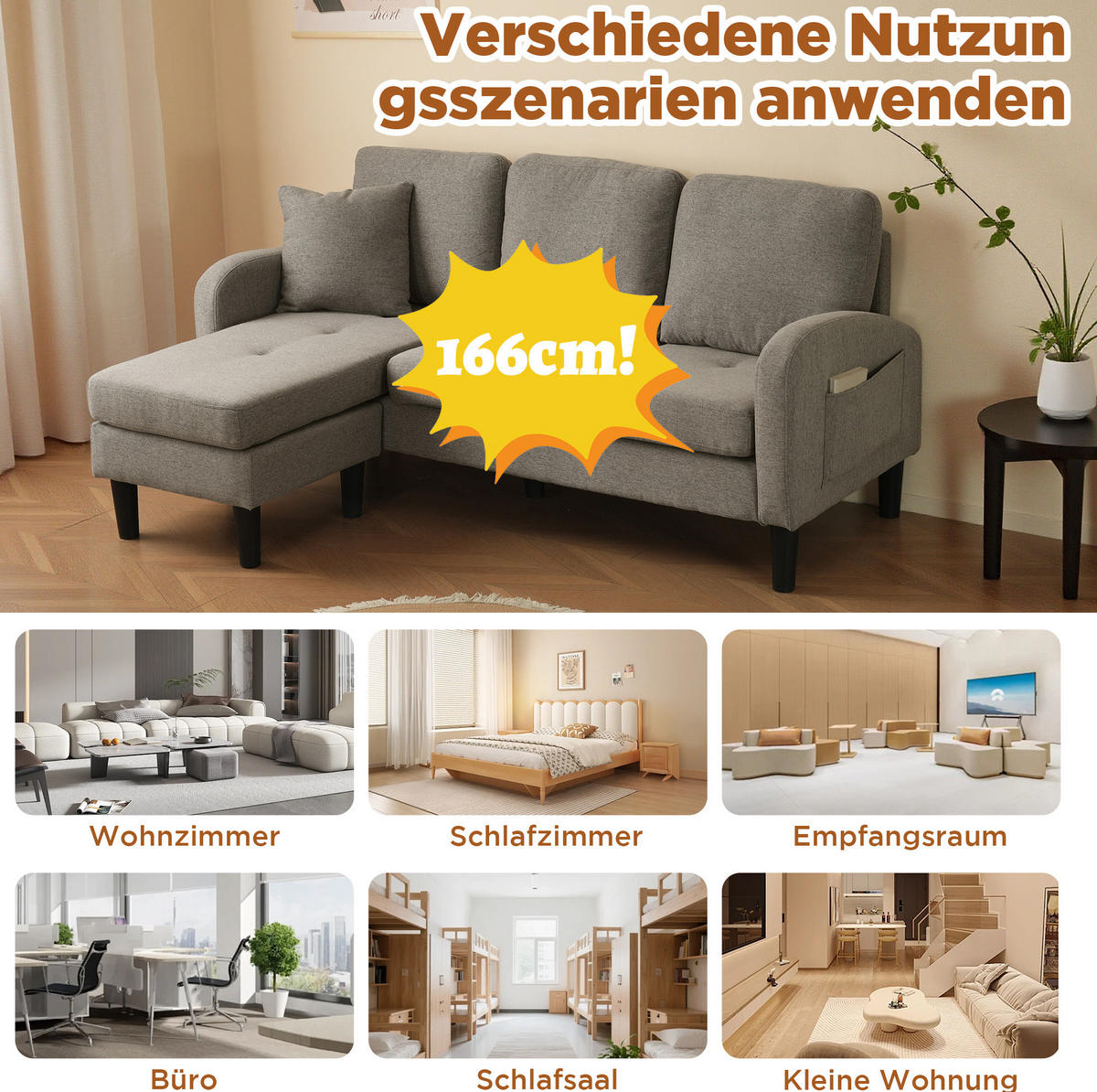 SOFA modular mit Chaiselongue 166 x 118 x 77 cm Baumwoll-Leinen-Mix - Dunkelgrau, Kunststoff (166/118cm) - IVMEU