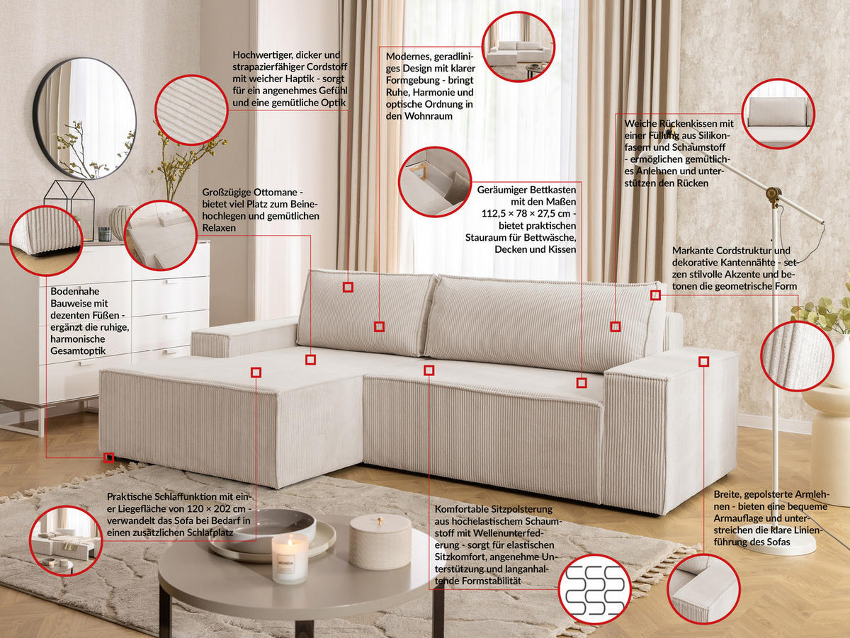 ECKSOFA Rivio mit Schlaffunktion und Bettkasten, Cordstoff Beige - Beige/Schwarz, Holz/Kunststoff (149/262cm) - S-Style