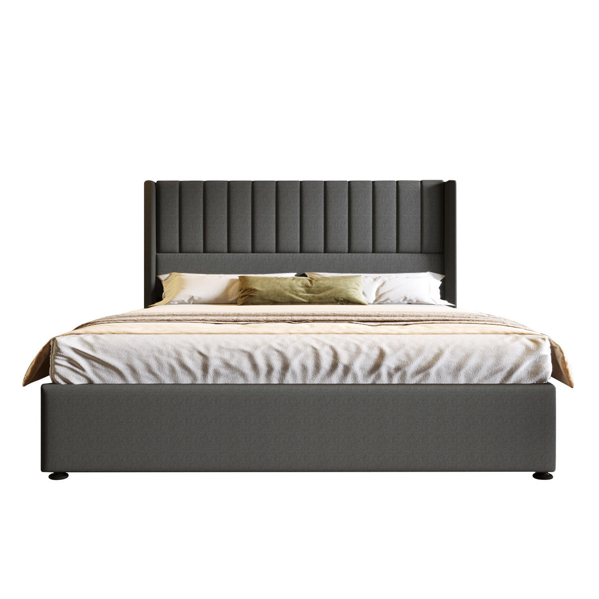 POLSTERBETT 160/200 cm mit hydraulischem Bettkasten, Lattenrost & Streifenkopfteil, Grau - Grau, Textil (160/200cm) - Redom