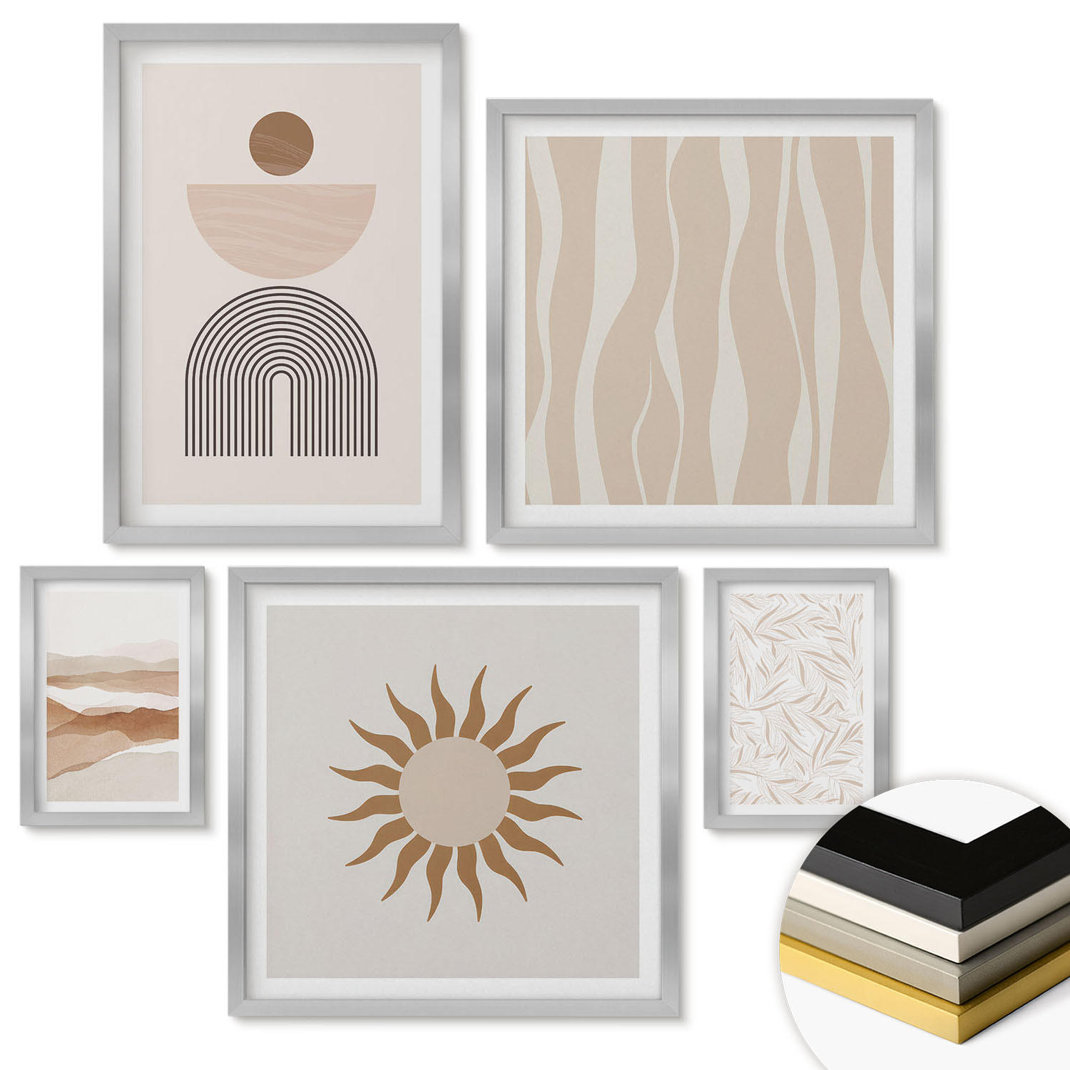 WANDBILDER 5er Set - 50x50 cm & 20x30 cm & 40x60 cm Silberner Rahmen - Abstrakte Landschafts- und Naturgeometrie - Silberfarben, Kunststoff (40/60cm) - ArtPrintCave