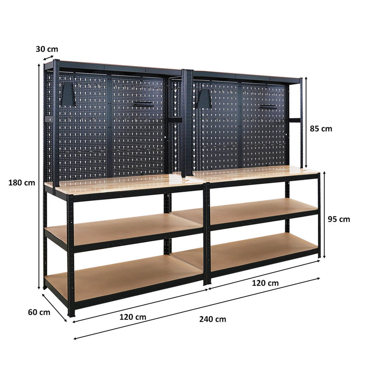 WERKBANK Giant Beast 2er-Set mit Lochwand180x120x60cm Fachlast 175kg inkl. Werkzeughalter Set Schwarz - Schwarz, Metall (120/180/60cm) - PROREGAL