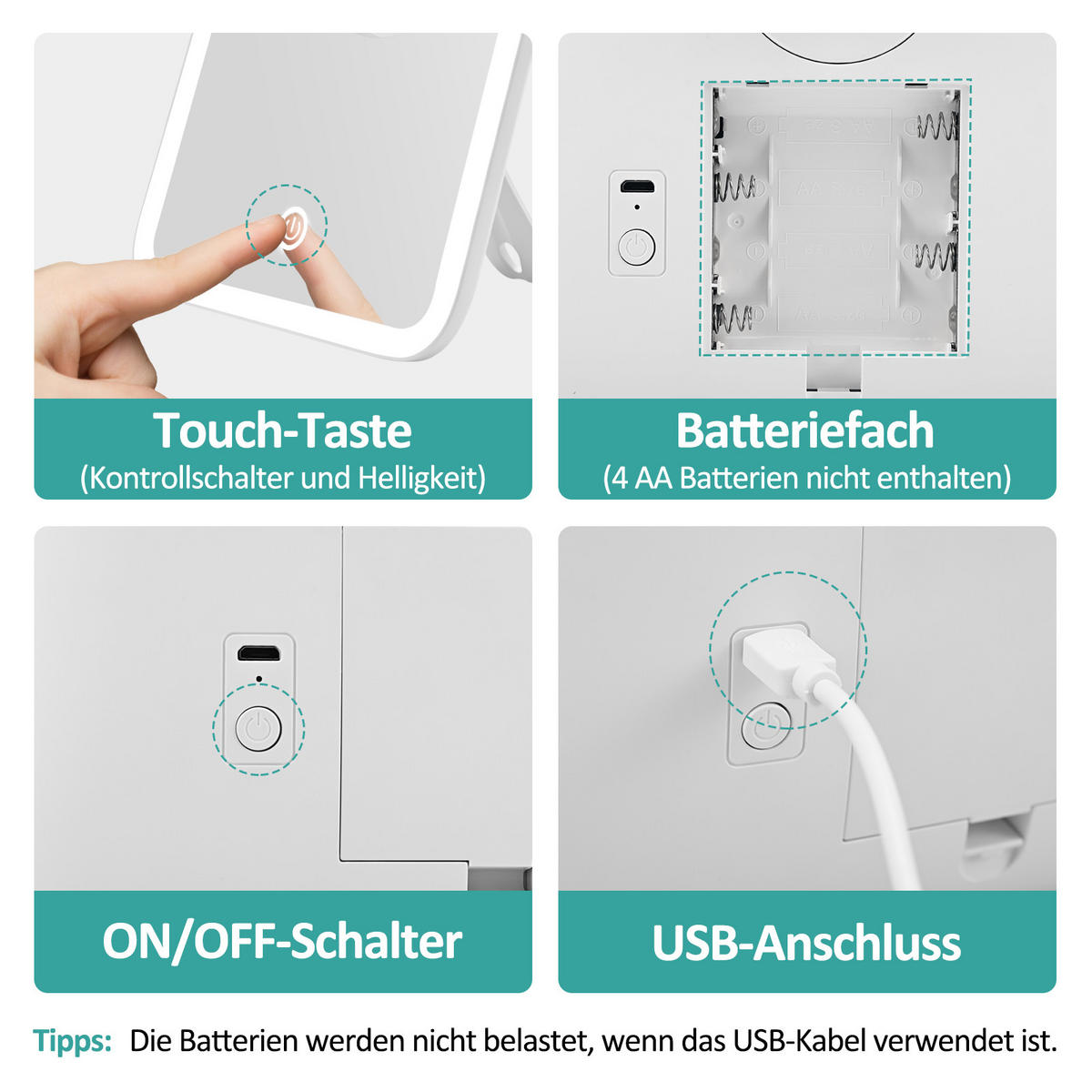 KOSMETIKSPIEGEL mit Licht mit Abnehmbare Saugnapfes, Weiß, 23,2/18,1 cm - Weiß, Glas (18.1/23.2/23.2cm) - EMKE