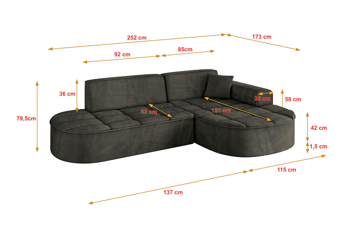 ECKSOFA Ottomane Rechts LIVO-L1 - 252x173x79,5 cm Schwarz - Schwarz, Holzwerkstoff/Textil (252/173cm) - ALTDECOR