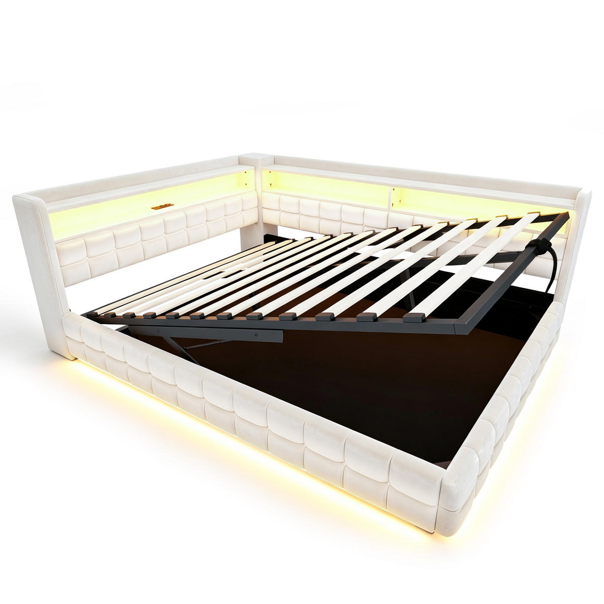 POLSTERBETT Beige 140×200cm mit hydraulischem Stauraum, Holzregal, LED-Lichtleiste und Ladeanschlüssen - Beige, Textil (140/200cm) - Luhomfu